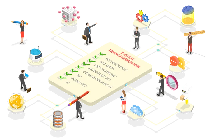 Personas trabajando en Áreas de Transformación Digital que son Big Data  Ilustración