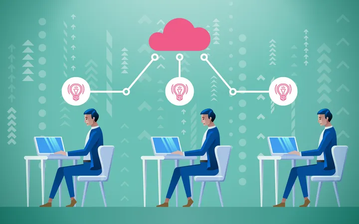 Personas que trabajan en computación en la nube  Ilustración