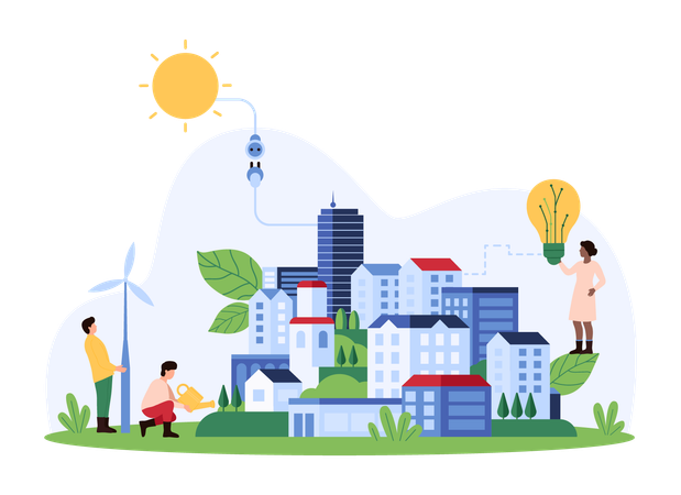 Personas que trabajan en el desarrollo de ciudades ecológicas  Ilustración