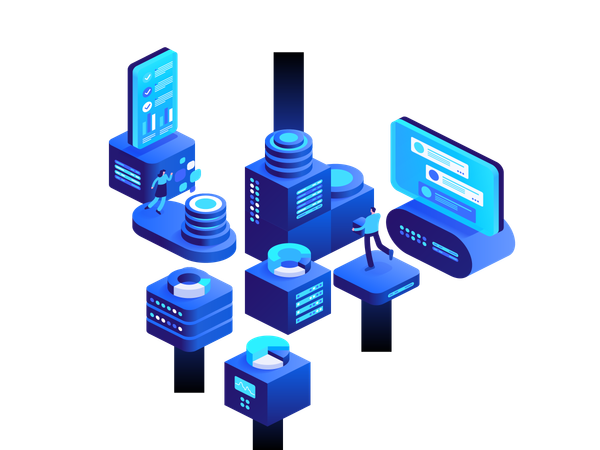 Personas que trabajan en el negocio de la minería de criptomonedas  Ilustración