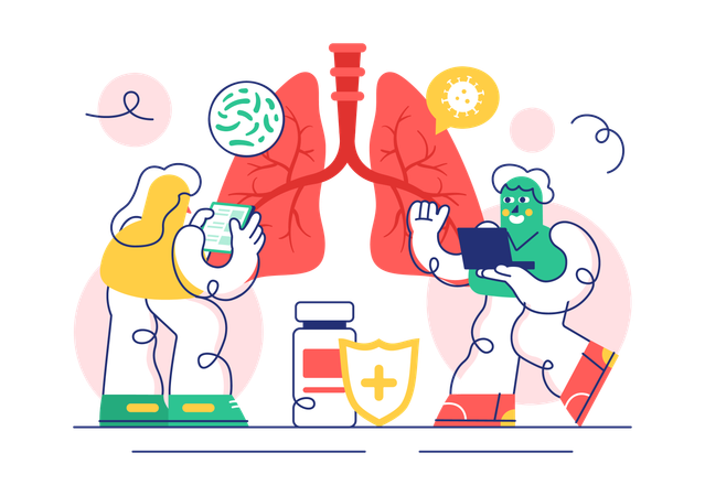 Personas que trabajan en el tratamiento respiratorio  Ilustración