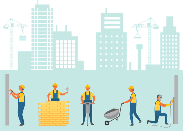 Personas que trabajan en la construcción de nuevos edificios  Illustration
