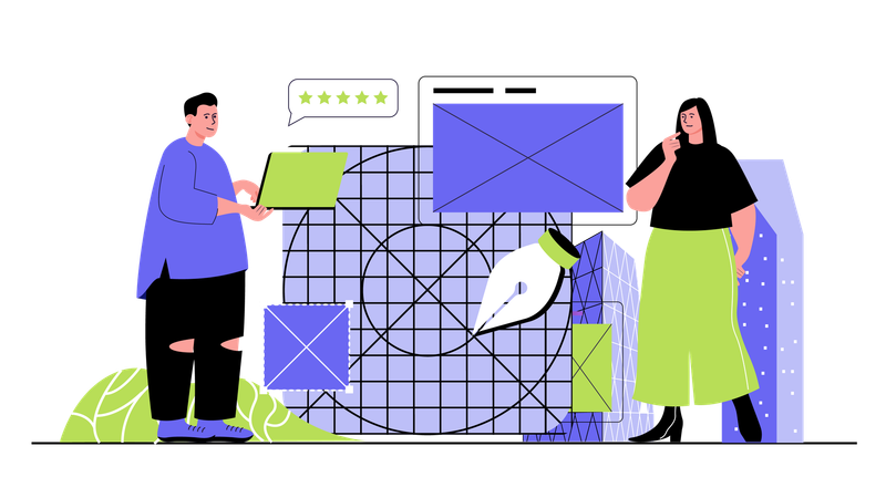 Personas que trabajan en proyectos de diseño creando contenido para la marca y dibujando elementos gráficos.  Ilustración