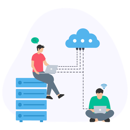 Personas que trabajan en alojamiento en la nube  Ilustración