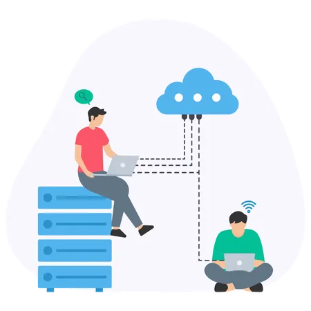 Personas que trabajan en alojamiento en la nube  Ilustración