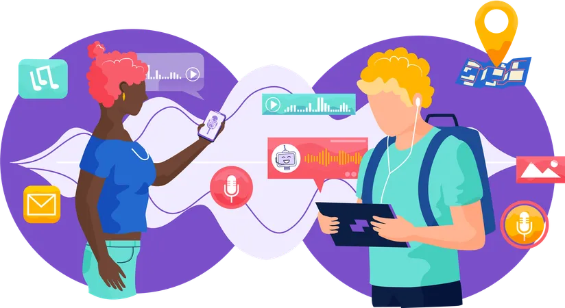 Personas que utilizan el asistente de voz en el dispositivo  Ilustración