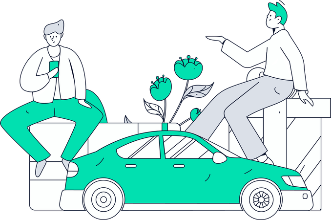 Personas que utilizan el servicio de taxis urbanos en línea  Ilustración