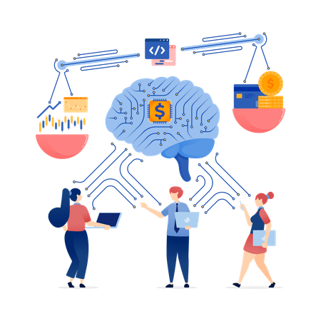 Personas que utilizan cerebros potenciados por IA  Illustration