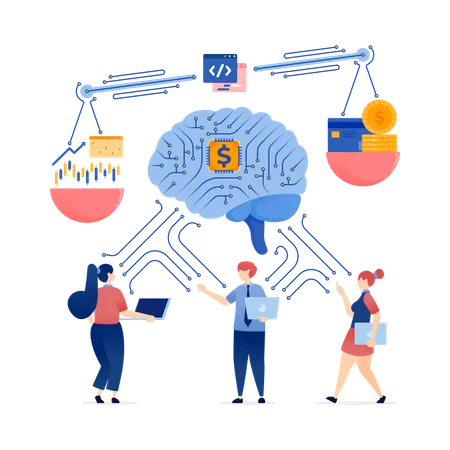 Personas que utilizan cerebros potenciados por IA  Illustration