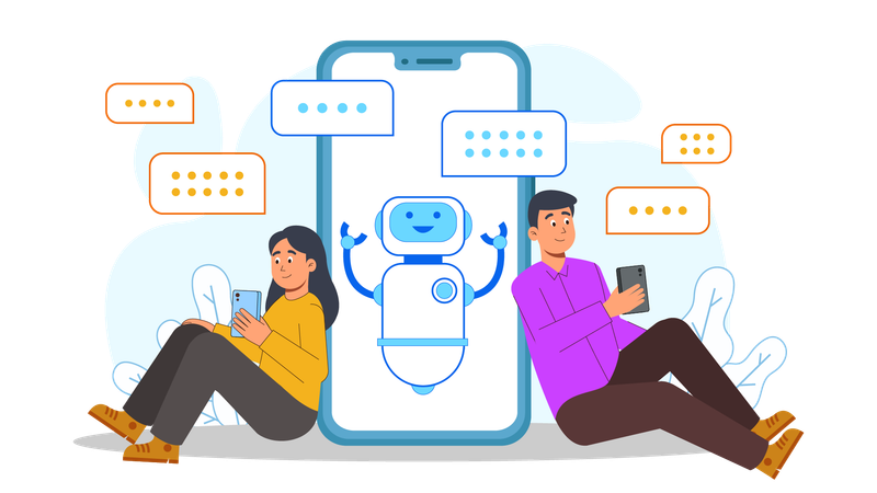 Personas que utilizan un chatbot en línea para resolver sus problemas  Ilustración