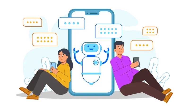 Personas que utilizan un chatbot en línea para resolver sus problemas  Ilustración