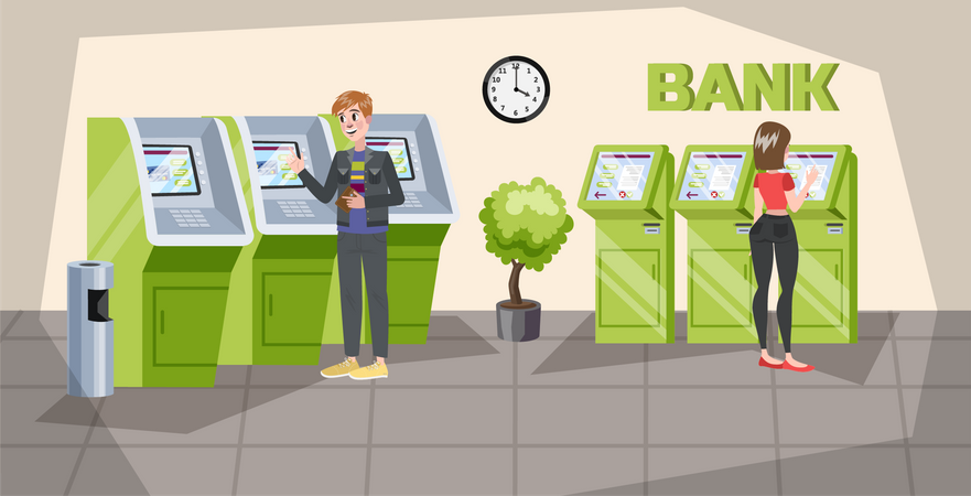 Personas que usan cajero automático del banco  Ilustración