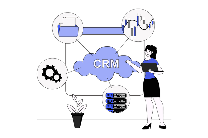 Personas que utilizan herramientas CRM para planificar estrategias y trabajar.  Ilustración