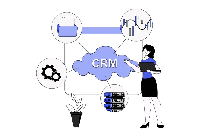 Personas que utilizan herramientas CRM para planificar estrategias y trabajar.  Ilustración