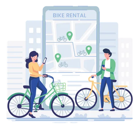 Personas que utilizan la aplicación de servicio de alquiler de bicicletas  Ilustración