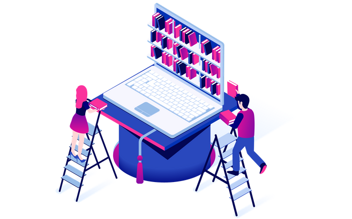 Personas que utilizan la biblioteca digital  Ilustración