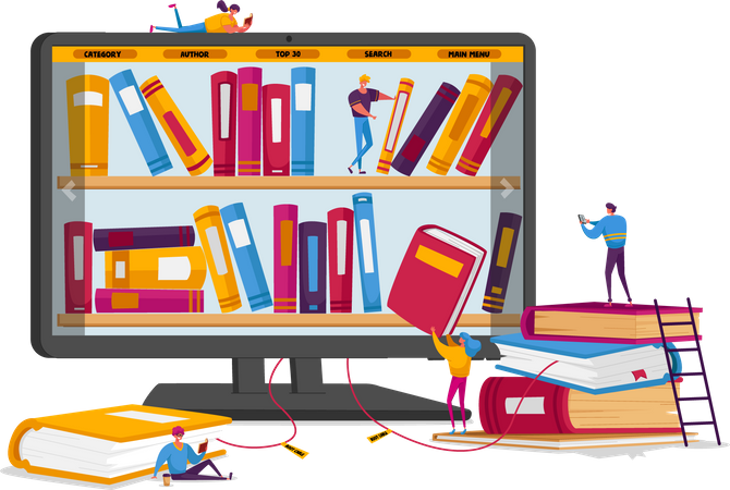 Personas que utilizan la biblioteca en línea  Ilustración