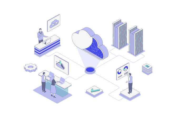 Personas que utilizan una plataforma de almacenamiento de datos en línea y cargan archivos y computan con acceso seguro al servidor  Ilustración