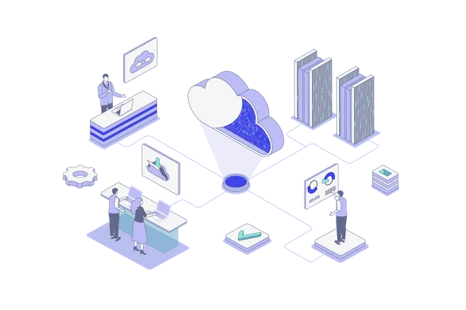 Personas que utilizan una plataforma de almacenamiento de datos en línea y cargan archivos y computan con acceso seguro al servidor  Ilustración