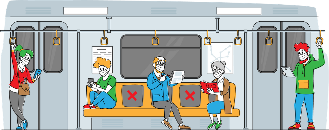 Personas que viajan en tren durante la pandemia de corona  Ilustración