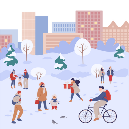 Personas que realizan actividades al aire libre durante el invierno.  Ilustración