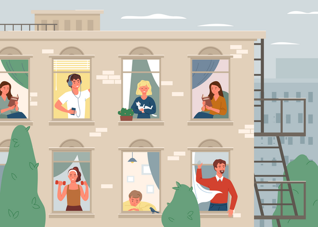 Personas que realizan diferentes actividades en casa vistas desde afuera  Ilustración