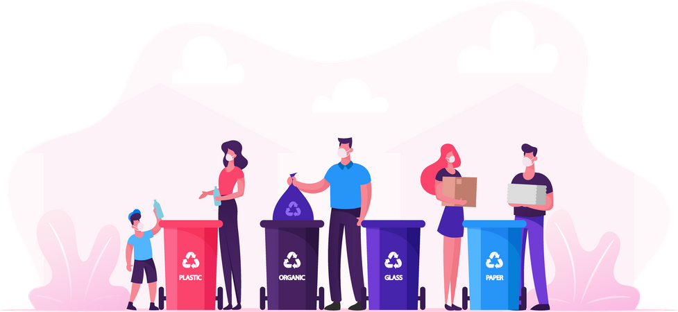Personas reciclando basura para reducir la contaminación ambiental durante Covid19  Ilustración