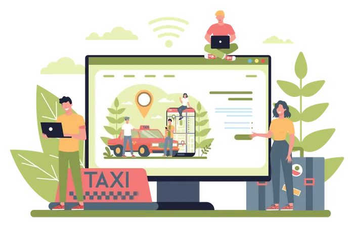 Personas reservando taxis en línea  Ilustración