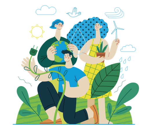 Personas rodeadas de energía natural, ecológica y renovable.  Ilustración