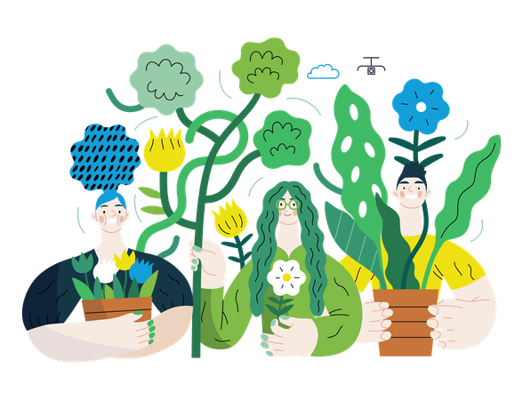 Gente rodeada de plantas y flores.  Ilustración