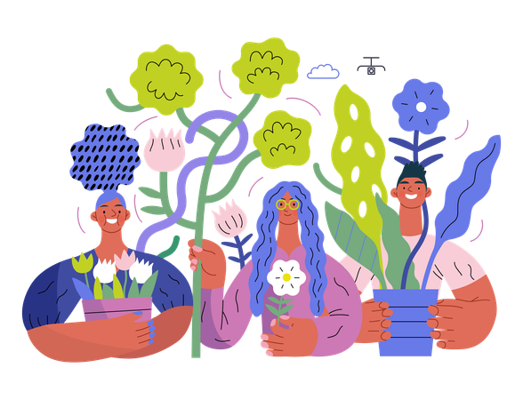 Gente rodeada de plantas y flores.  Illustration