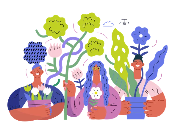 Gente rodeada de plantas y flores.  Illustration