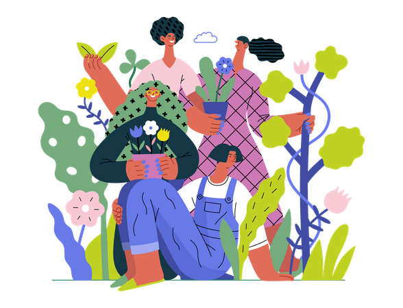 Gente rodeada de plantas y flores.  Illustration