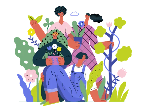 Gente rodeada de plantas y flores.  Illustration