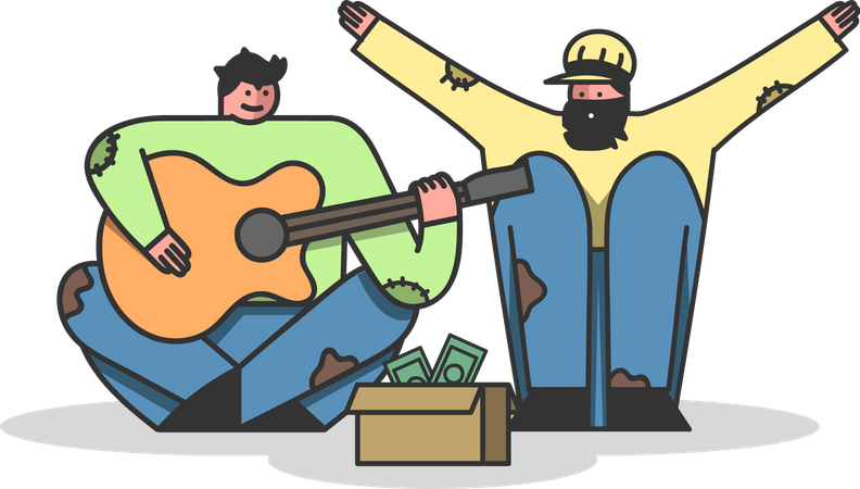 Personas sin hogar tocando la guitarra y reuniendo dinero  Ilustración