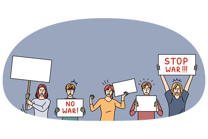 Personas con pancartas de "No a la Guerra" protestan en las calles contra la agresión militar  Ilustración