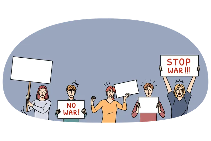 Personas con pancartas de "No a la Guerra" protestan en las calles contra la agresión militar  Ilustración