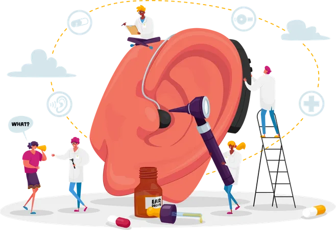 Personas sordas con problemas de audición que visitan al médico audiólogo para el tratamiento de los oídos  Ilustración