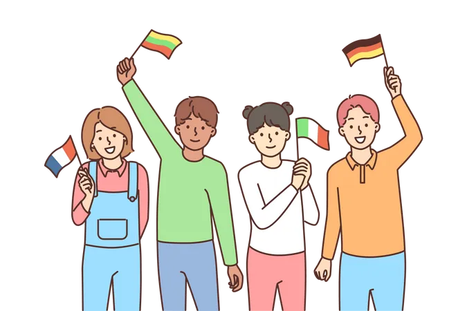 Personas sosteniendo banderas de diferentes países  Ilustración