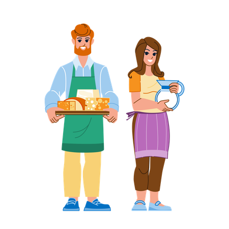 Personas sosteniendo leche y queso  Ilustración