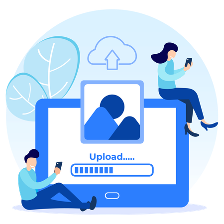 Personas cargando imágenes usando el móvil  Ilustración