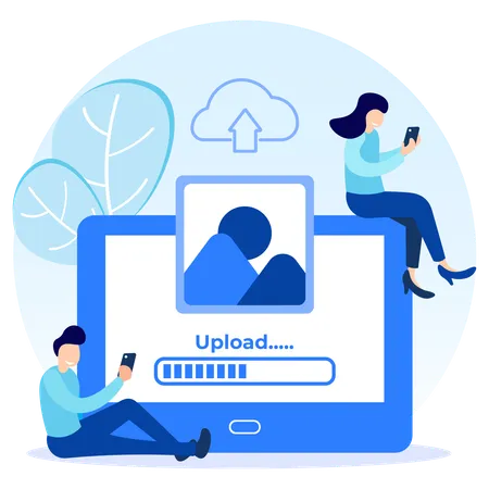 Personas cargando imágenes usando el móvil  Ilustración