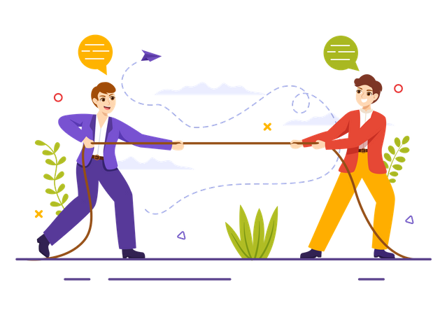 Personas tirando de extremos opuestos de la cuerda en la competencia empresarial  Ilustración