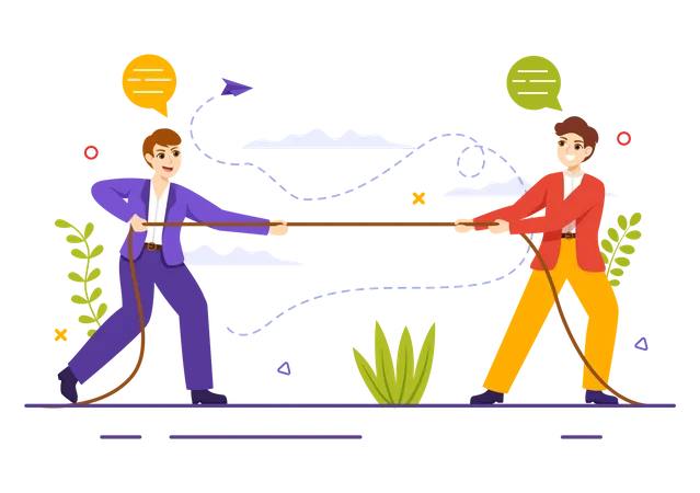 Personas tirando de extremos opuestos de la cuerda en la competencia empresarial  Ilustración