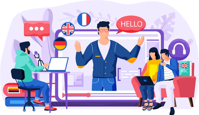 Personas que toman cursos de idiomas en línea  Ilustración