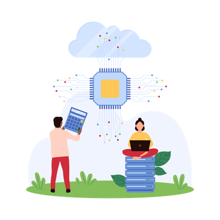 Personas que trabajan en computación en la nube utilizando IA  Ilustración