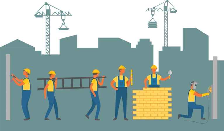 Personas que trabajan en la construcción de nueva infraestructura.  Ilustración