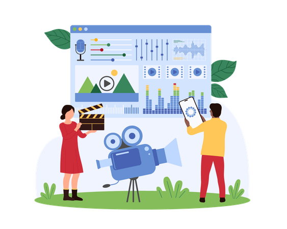 Personas trabajando en la producción de vídeo.  Ilustración