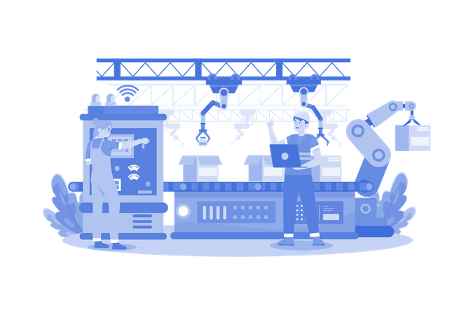 Personas que trabajan en la línea de producción robótica  Ilustración