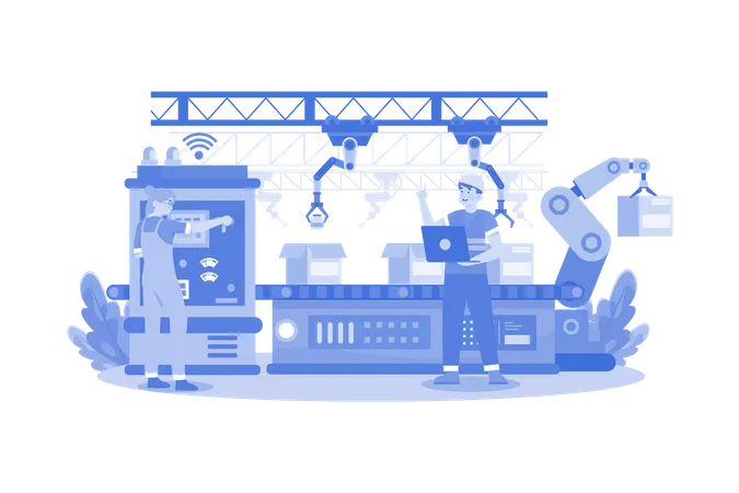 Personas que trabajan en la línea de producción robótica  Ilustración